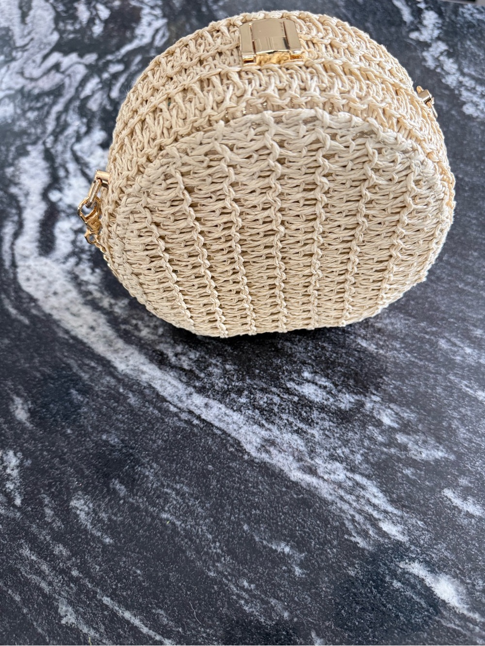 HAUTE HIPPIE Woven Round Crossbody Bag in Natural with Gold Chain & Gold Shimmer - Picture 10 of 14